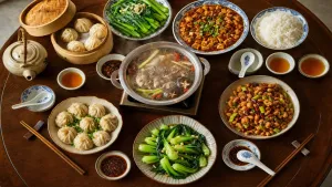 Barevná směs čínských pokrmů z ptačí perspektivy na kulatém stole, dim sum, hot pot a hůlky