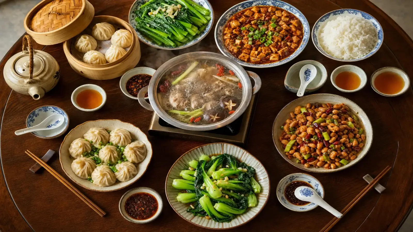 Barevná směs čínských pokrmů z ptačí perspektivy na kulatém stole, dim sum, hot pot a hůlky