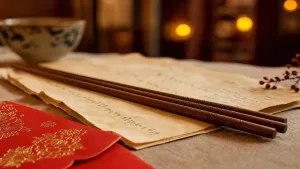 Dřevěné hůlky a hongbao červená obálka na starém papíru, symbol rodinného setkání přes vízum Q
