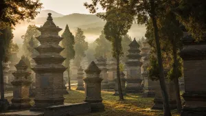 Historické cihlové a kamenné pagody Lesa pagod u kláštera Shaolin na hoře Song v ranním světle