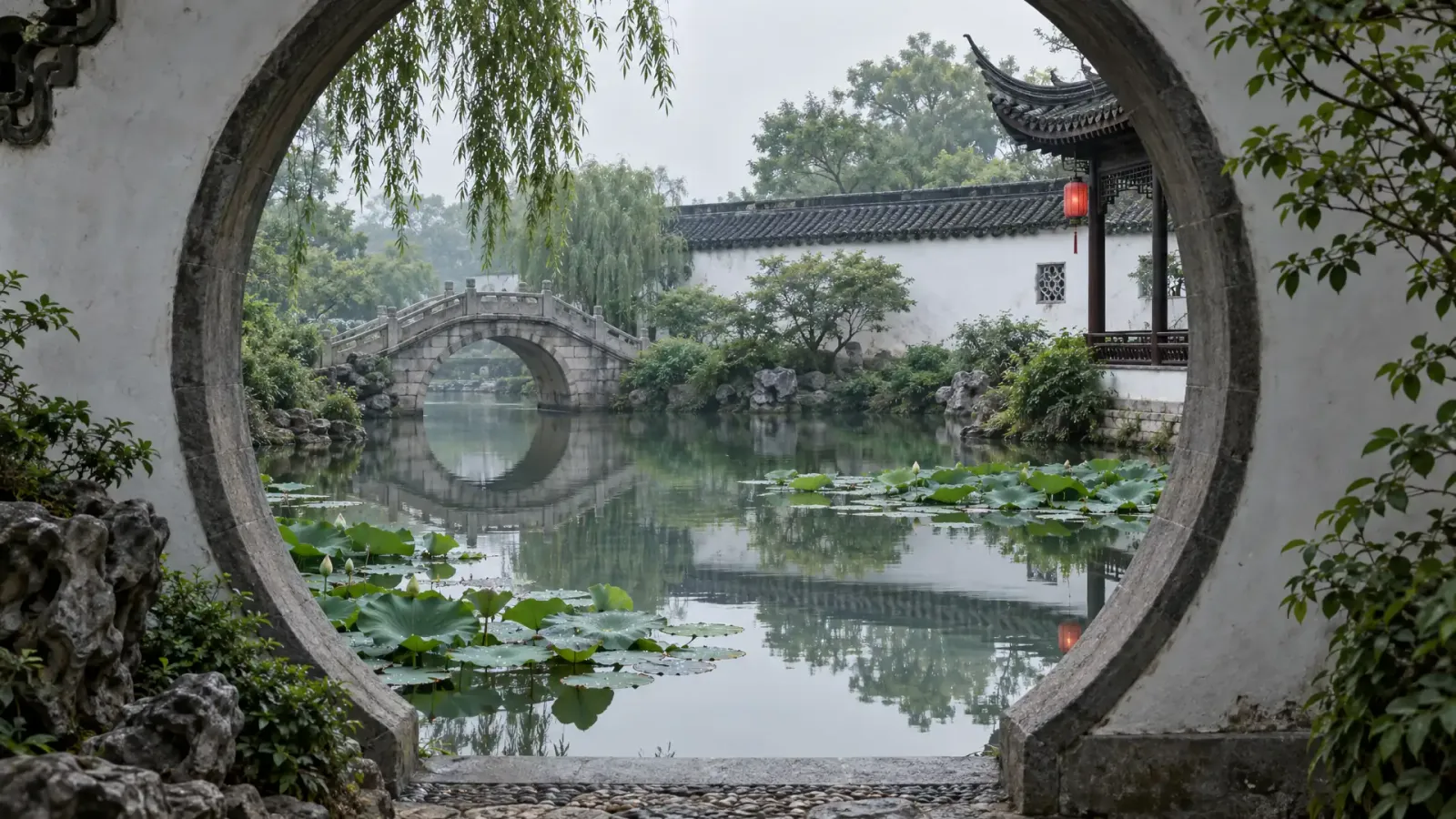 Kruhová měsíční brána rámující tichý rybník s lekníny a kamenný most v Suzhou