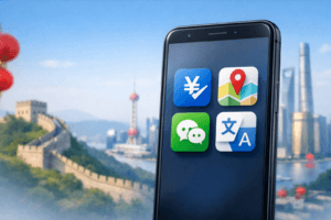 Smartphone s aplikacemi pro cestování v Číně — Alipay, WeChat, Amap