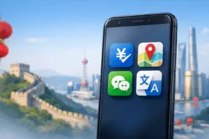 Smartphone s aplikacemi pro cestování v Číně, Alipay, WeChat, Amap