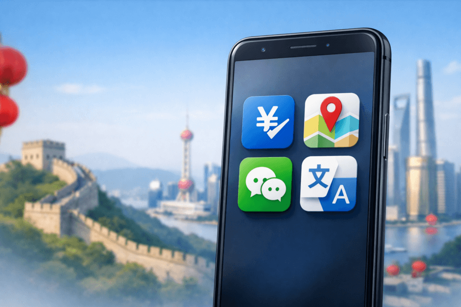 Smartphone s aplikacemi pro cestování v Číně — Alipay, WeChat, Amap