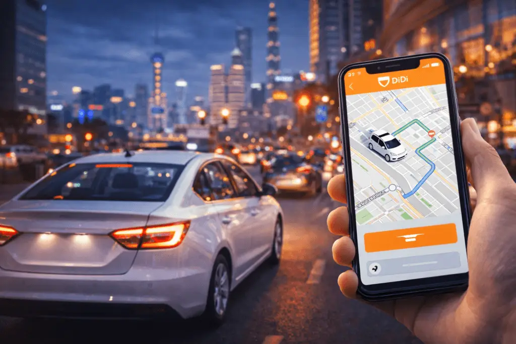 Objednání taxi přes aplikaci DiDi v čínském velkoměstě