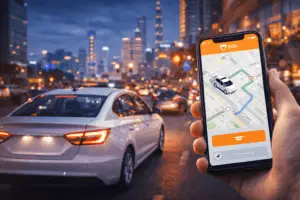 Objednání taxi přes aplikaci DiDi v čínském velkoměstě