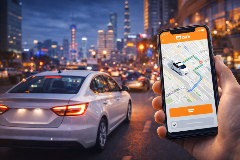 Objednání taxi přes aplikaci DiDi v čínském velkoměstě