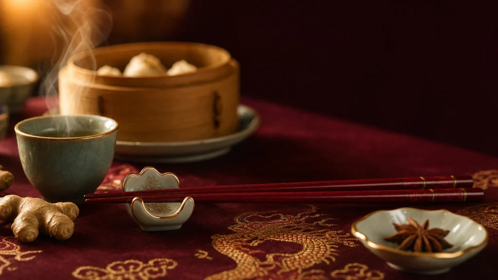 Čínská etiketa u stolu — červené lakované hůlky, čajový set a dim sum
