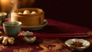 Čínská etiketa u stolu — červené lakované hůlky, čajový set a dim sum