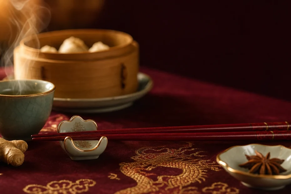 Čínská etiketa u stolu — červené lakované hůlky, čajový set a dim sum