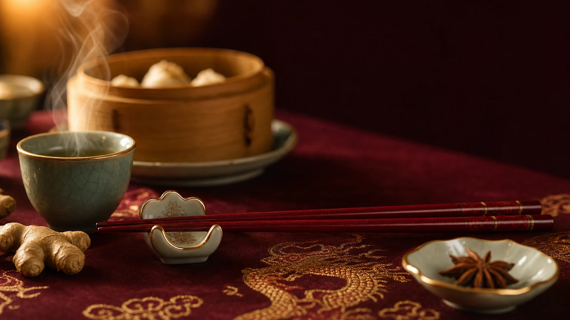Čínská etiketa u stolu — červené lakované hůlky, čajový set a dim sum