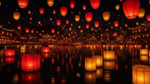 Červené a zlaté lampiony plovoucí nad tmavou vodou během čínského festivalu