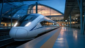 Čínský high-speed vlak Fuxing na moderním nádraží za soumraku