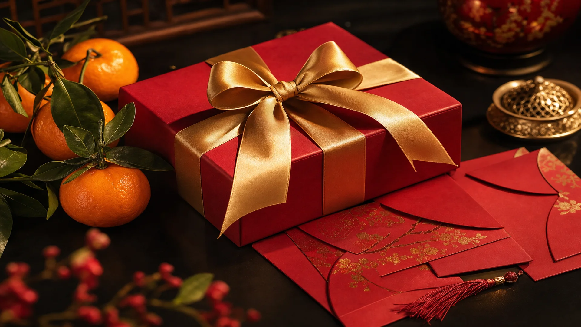 Čínský dárek v červeném balení se zlatou stuhou a hongbao obálky na tmavém lakovém povrchu