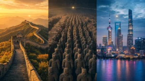 Tři destinace v Číně — Velká zeď, Terakotová armáda, Šanghaj Pudong panorama