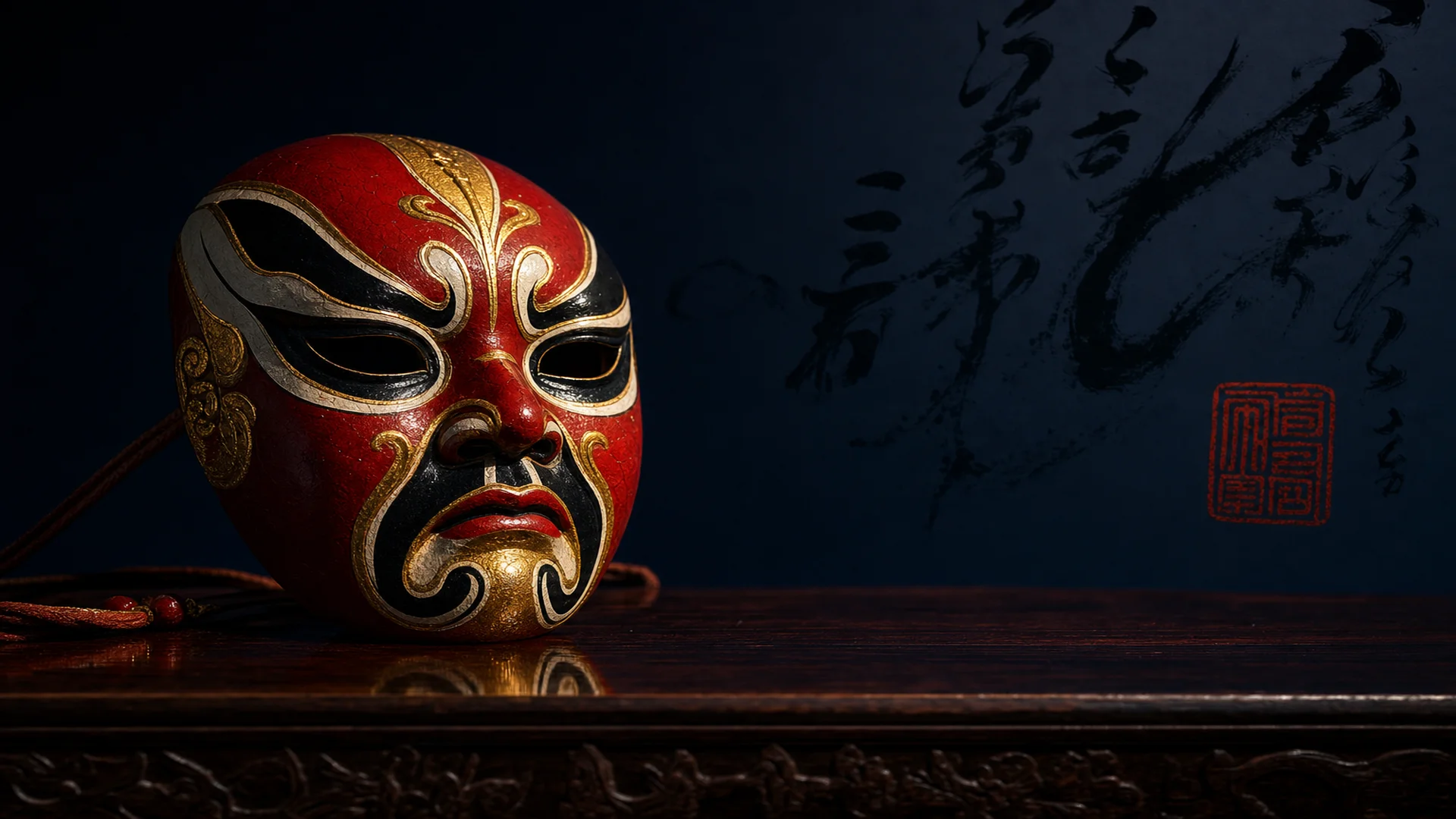 Tradiční čínská divadelní maska Peking opera v červeno-zlatém provedení na tmavém pozadí, symbol mianzi