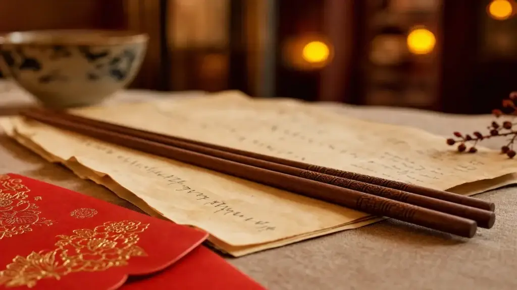 Dřevěné hůlky a hongbao červená obálka na starém papíru, symbol rodinného setkání přes vízum Q