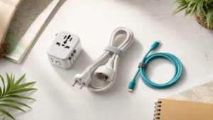 Cestovní adaptér, prodlužovací kabel EU a USB-C nabíjecí kabel na bílém dřevěném stole