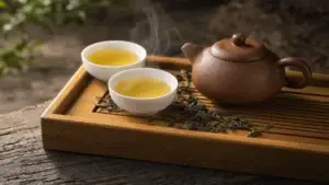 Yixing čajová konvička a porcelánové šálky s čajem na bambusovém tácu