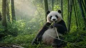 Velká panda jí bambus v bambusovém lese, Chengdu Panda Base