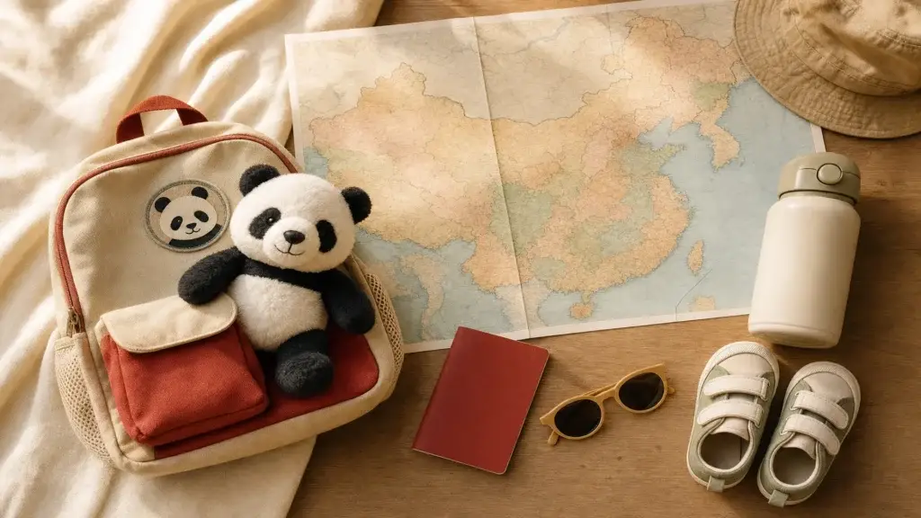 Rodinné cestovní předměty na cestu do Číny s dětmi: dětský batoh, plyšová panda, mapa Číny a dětský pas