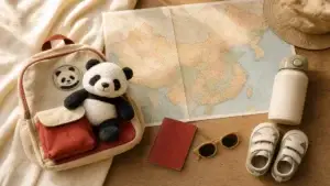 Rodinné cestovní předměty na cestu do Číny s dětmi: dětský batoh, plyšová panda, mapa Číny a dětský pas