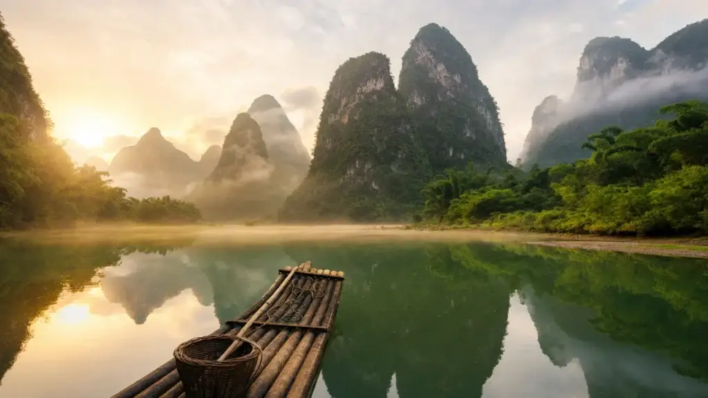 Krasové věže odrážející se v řece Li-ťiang v mlhavém ránu, Guilin Yangshuo