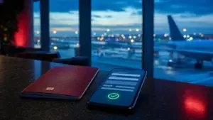 Cestovní pas a telefon s online příjezdovou kartou do Číny na letišti