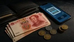 Čínské yuanové bankovky a smartphone s QR kódem pro platbu, peníze v Číně