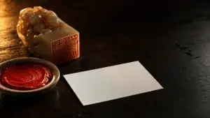 Čínské razítko name chop s červenou pastou a vizitka na tmavém laku, symbol obchodní etikety v Číně