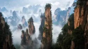 Skalní pilíře Zhangjiajie zahalené ranní mlhou, inspirace pro film Avatar