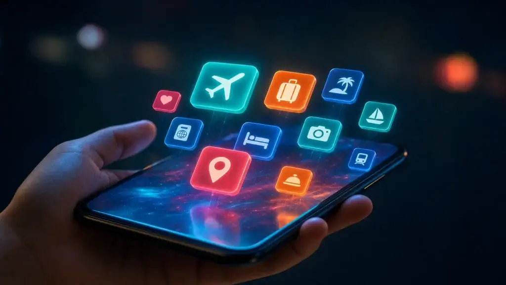 Chytrý telefon se zářícími barevnými dlaždicemi aplikací pro cestu do Číny na tmavém neonovém pozadí