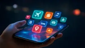 Chytrý telefon se zářícími barevnými dlaždicemi aplikací pro cestu do Číny na tmavém neonovém pozadí