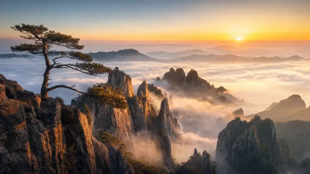 Žulové vrcholy Huangshan nad mořem mraků za východu slunce s osamělou borovicí