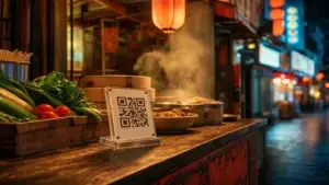 QR kód pro platbu na pultu čínského pouličního stánku ve večerní ulici