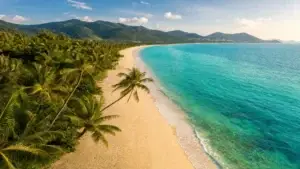 Letecký pohled na tyrkysovou pláž Yalong Bay v Sanyi na ostrově Hainan s palmami a bílým pískem