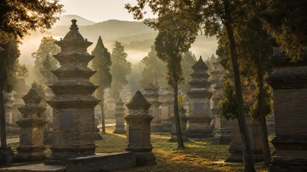 Historické cihlové a kamenné pagody Lesa pagod u kláštera Shaolin na hoře Song v ranním světle