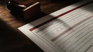 Detail rohu papírového formuláře a razítka na tmavém stole v ostrém bočním světle