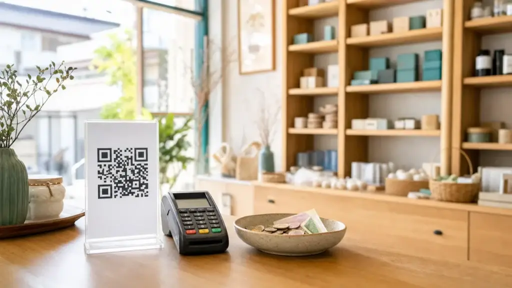 Pult malého čínského obchodu se stojánkem na QR kód a platebním terminálem v denním světle