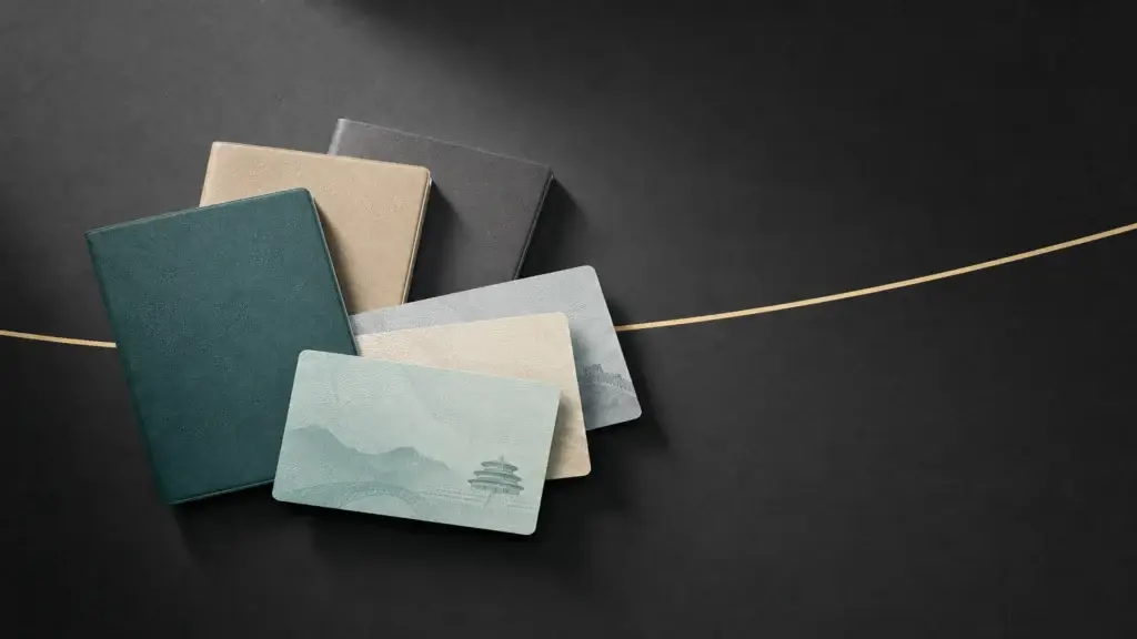 Stylizované pobytové karty a pasy na tmavém podkladu se zlatou linkou, konceptuální ilustrace