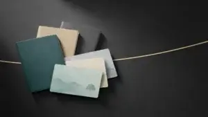 Stylizované pobytové karty a pasy na tmavém podkladu se zlatou linkou, konceptuální ilustrace